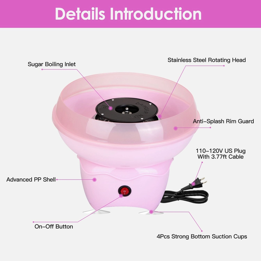 Cotton candy machine with stainless steel rotating head, pink advanced PP shell, anti-splash rim guard, on/off button, 110-120V US plug, and four strong suction cups for stability.
