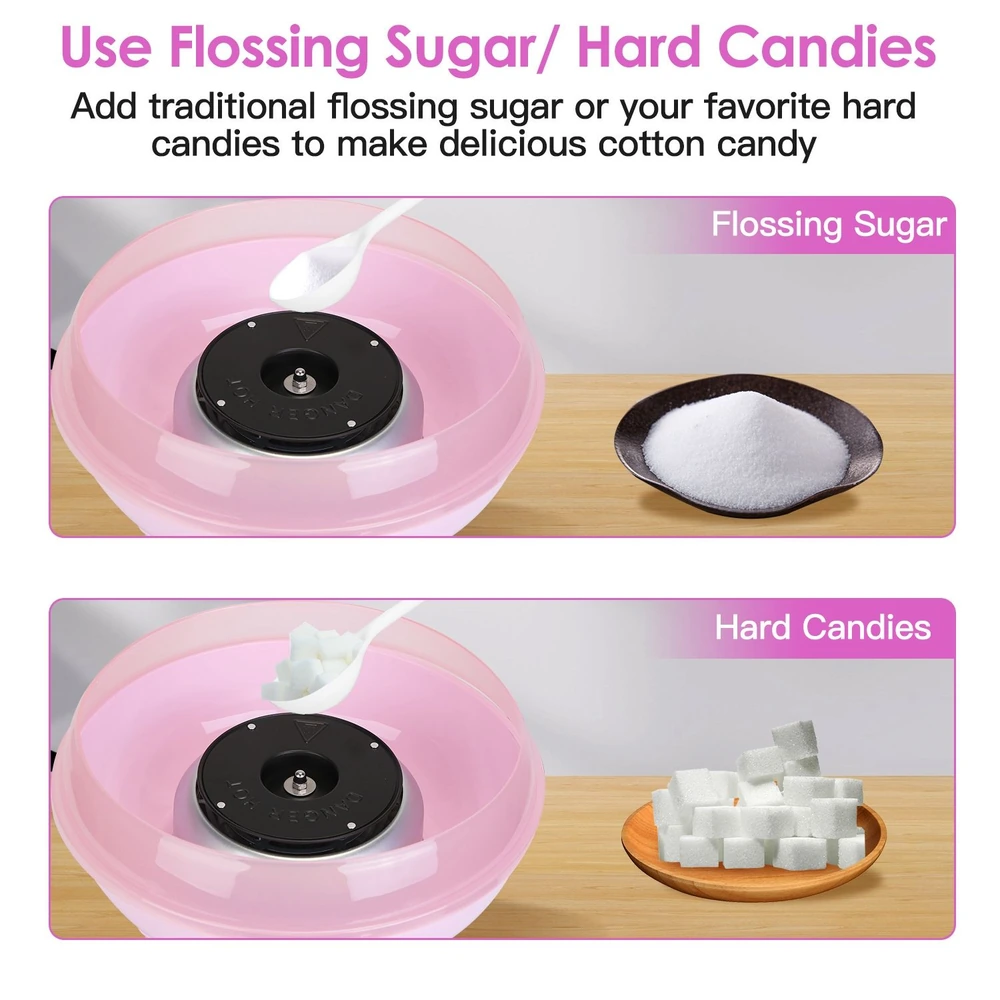 Instructions for making cotton candy with flossing sugar and hard candies, featuring a pink cotton candy machine, spoonfuls of sugar, and various candy types on plates.