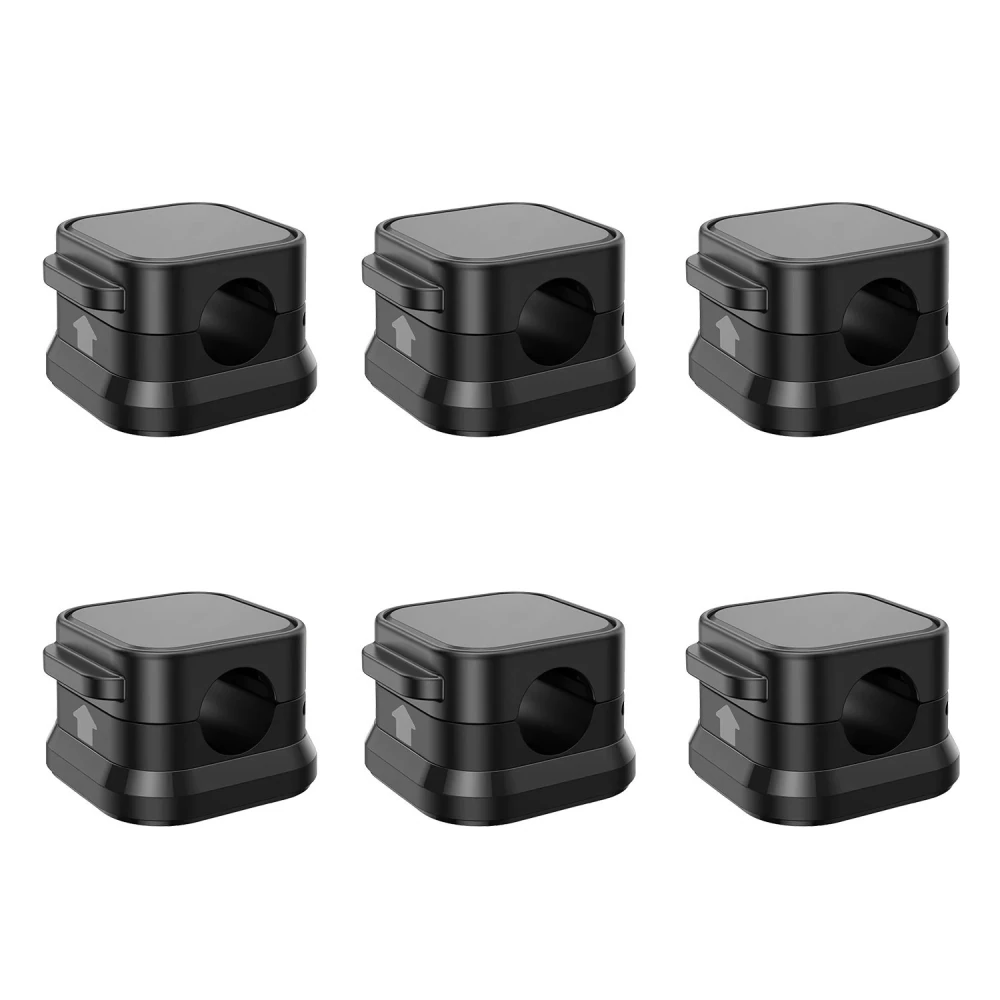 Set of six black multi-functional storage containers with a square design and arrow indicators for easy handling and organization.