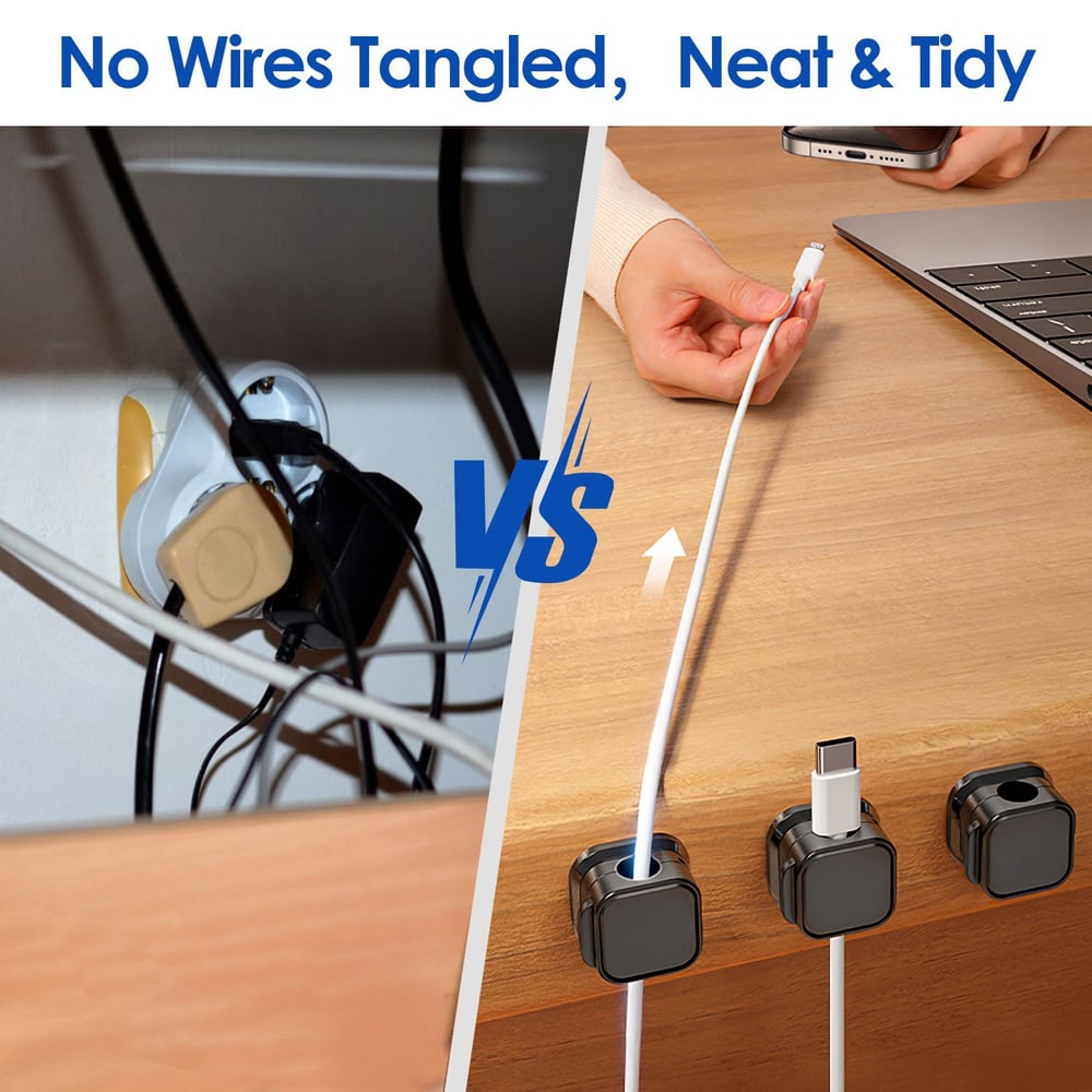 Image comparison showing messy tangled wires on the left versus organized, tidy cable management with a stylish cable organizer on the right, highlighting the benefits of a clutter-free workspace.