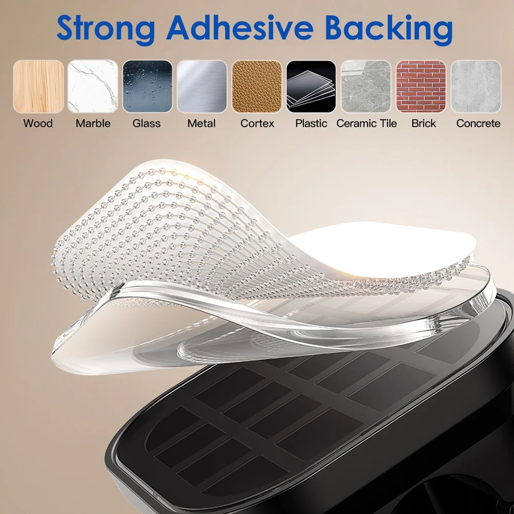 Image of a strong adhesive backing displayed against various surface textures including wood, marble, glass, metal, and brick, showcasing its versatility for different applications.
