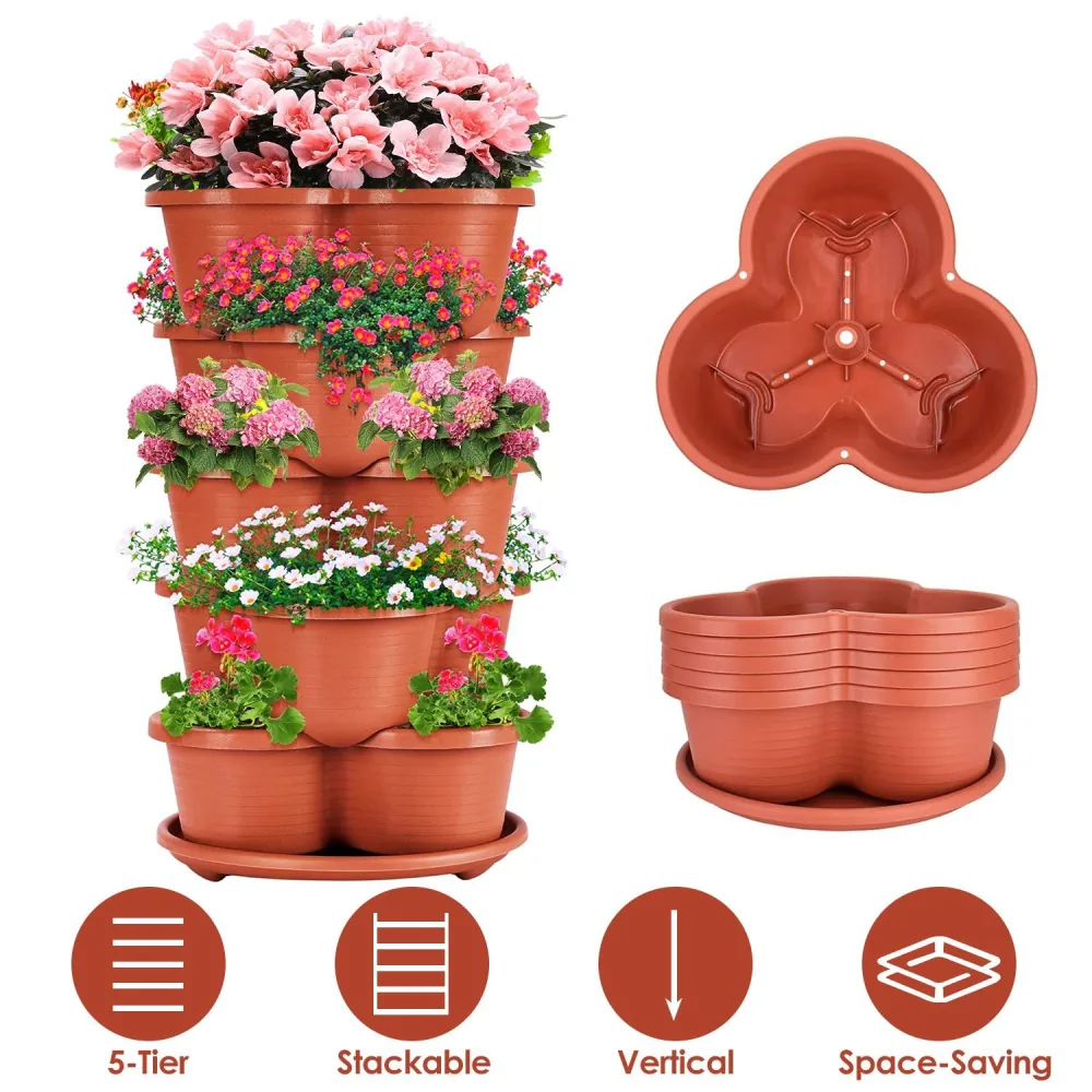 5-tier vertical stackable garden planter with colorful blooming flowers, featuring a space-saving design and an included drainage tray.