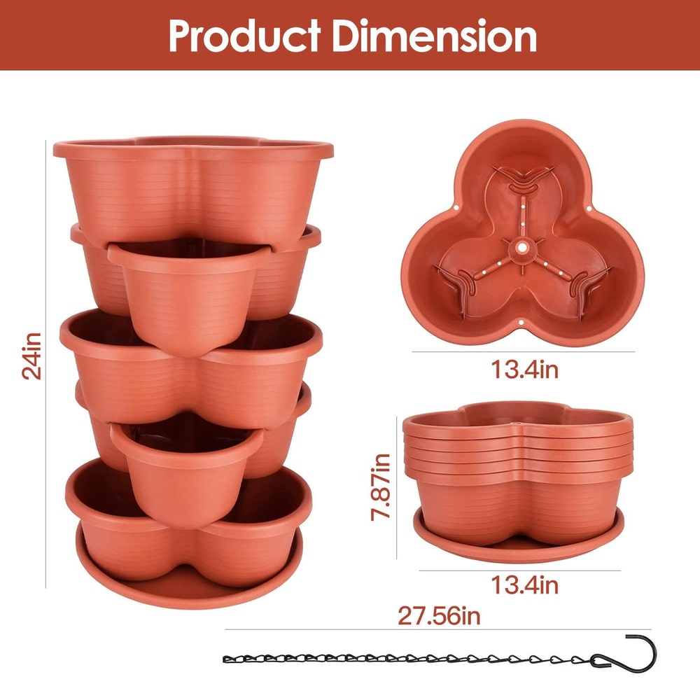 Stackable terracotta flower pots with dimensions: height 24 inches, top pot diameter 13.4 inches, bottom pot diameter 7.87 inches, and an additional chain for hanging.