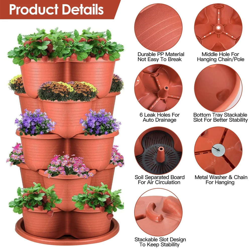 Stackable vertical planter with multiple compartments filled with colorful flowers and strawberries, featuring drainage holes, durable PP material, and a design for optimal air circulation.