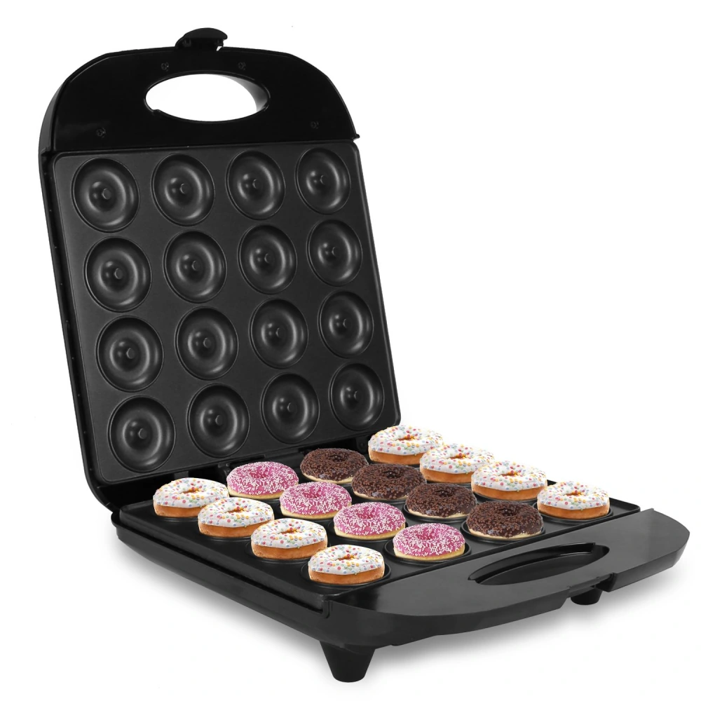 Donut maker with 12 baking cavities and colorful frosted donuts, showcasing pink, chocolate, and sprinkles on a black countertop.