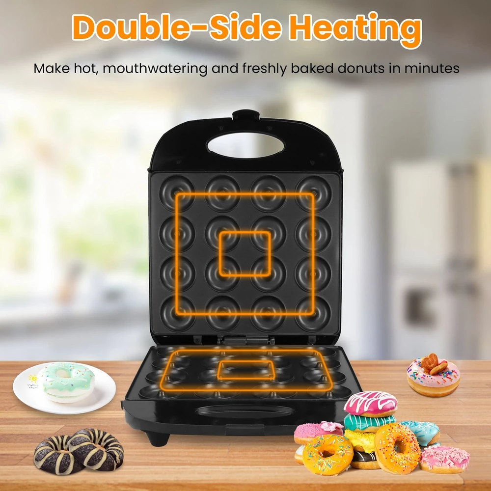 Black donut maker with double-side heating feature, surrounded by colorful iced donuts and a soft focus kitchen background, showcasing the ability to bake fresh donuts quickly and easily.