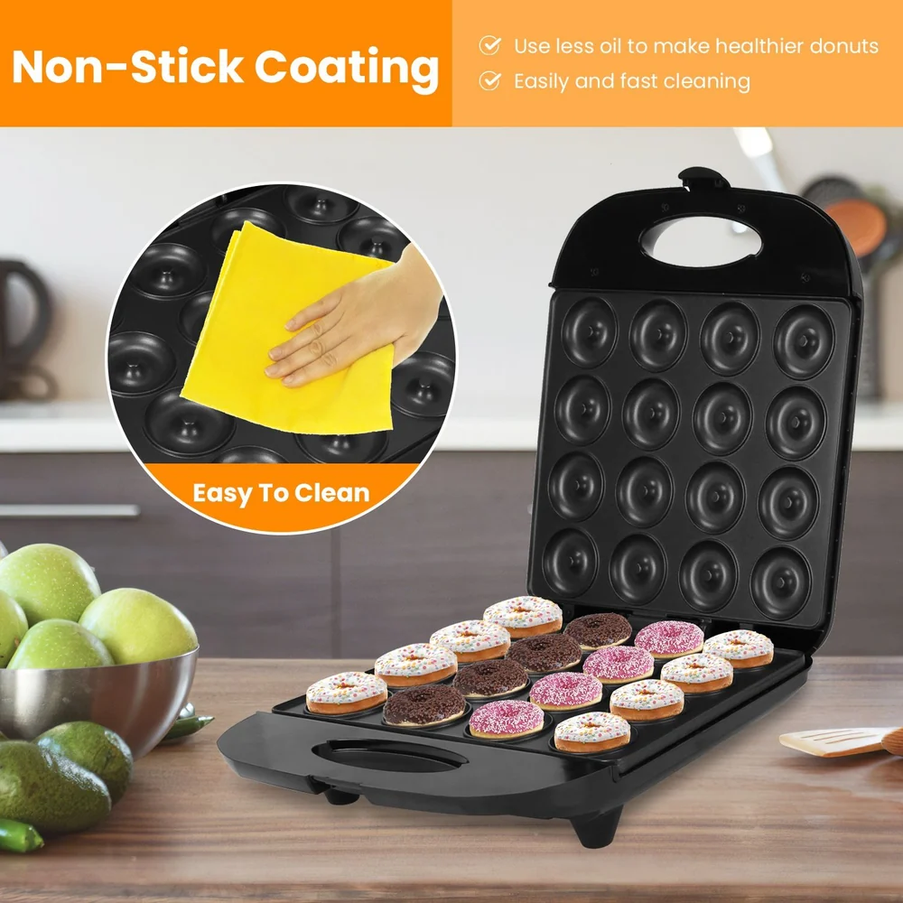 Non-stick donut maker with freshly baked donuts in various colors and toppings, showcasing easy cleaning with a hand wiping the surface, ideal for healthier desserts.