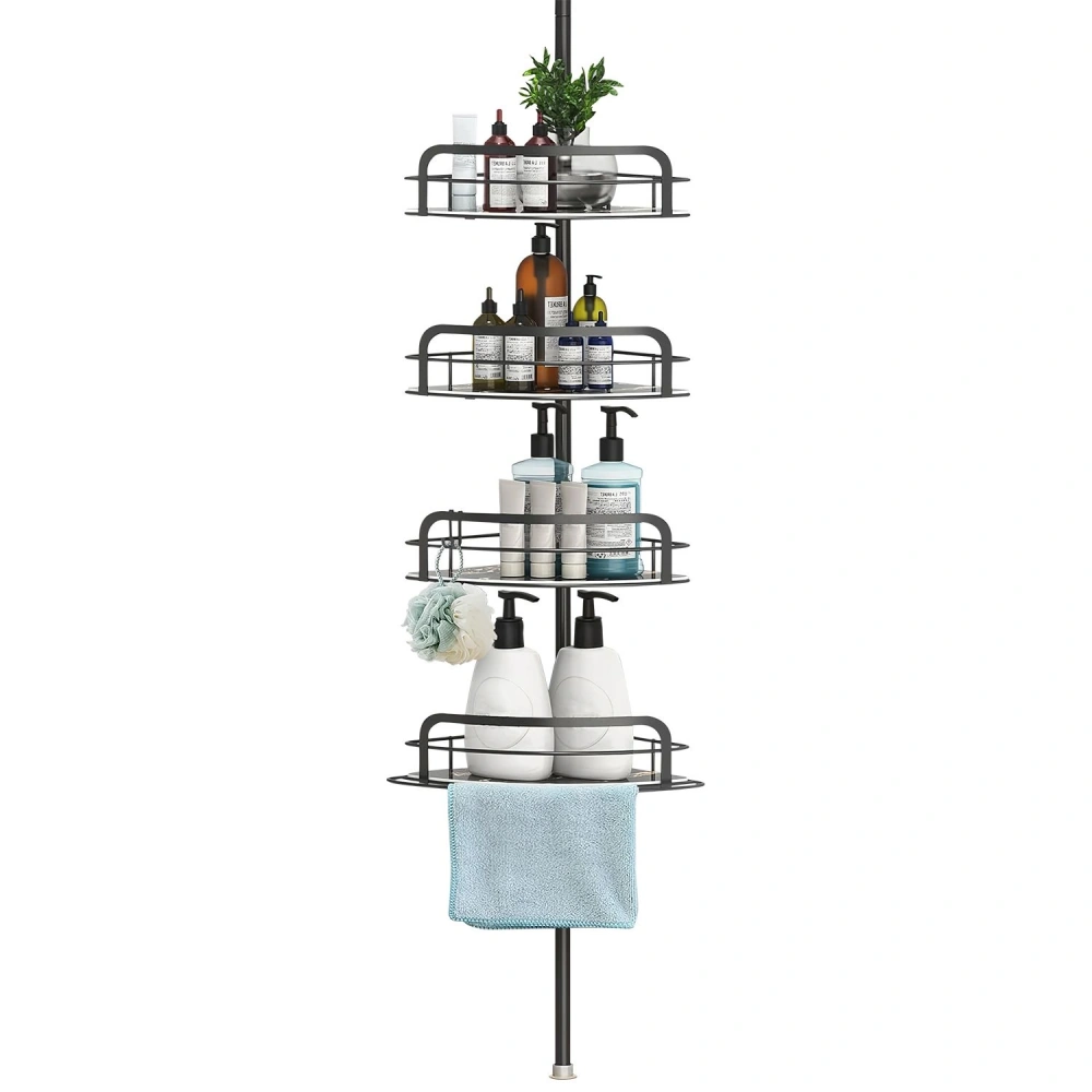 Vertical corner shower caddy organizer with multiple shelves displaying various bottles of shampoo, conditioner, and skincare products, featuring a sleek black metal design and a light blue towel.