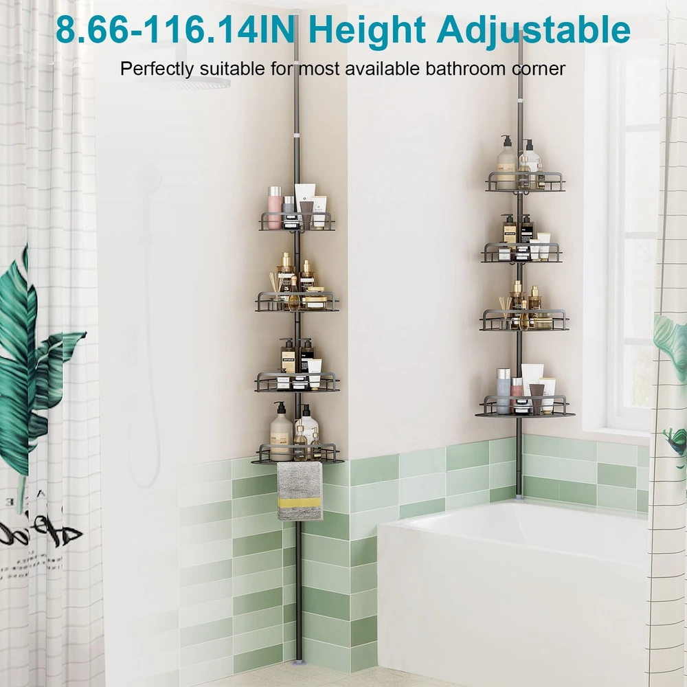 Height-adjustable corner shower caddy featuring five storage shelves, designed to hold various bath products, ideal for maximizing space in bathrooms with a contemporary design.
