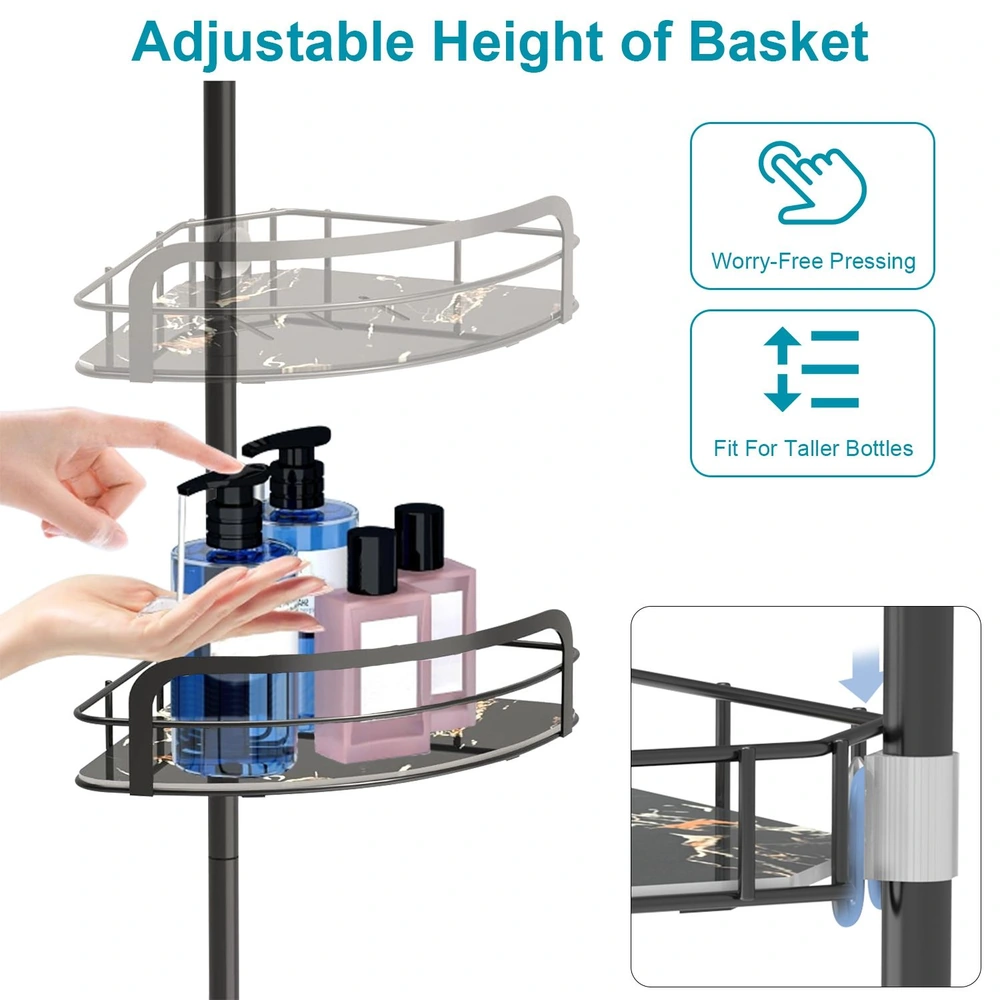 Adjustable bathroom organizer with multiple shelves for storing various bottle sizes, featuring a hand pressing mechanism for easy height adjustment.