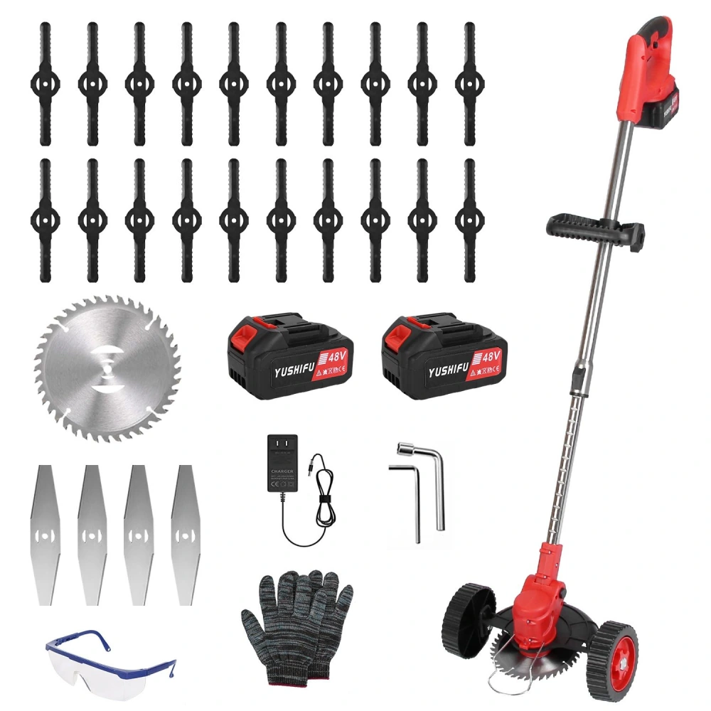 48V electric lawn trimmer kit including cordless trimmer, two batteries, charger, protective goggles, gloves, multiple blades, and accessories for efficient garden maintenance.