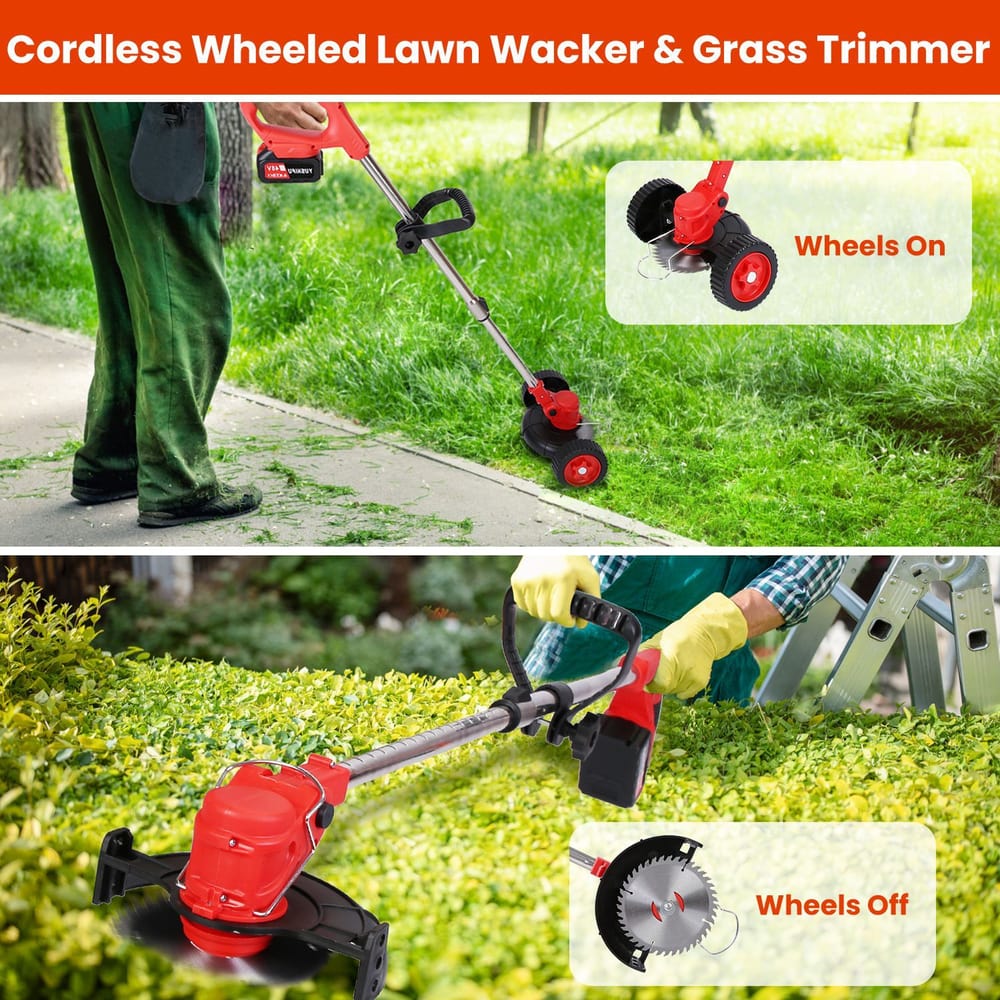Cordless wheeled lawn wacker and grass trimmer, featuring a red and silver design, showcased in two uses: with wheels on for easy maneuvering along a sidewalk and wheels off for detailed trimming in garden beds, emphasizing versatility and ergonomic design for effective lawn maintenance.
