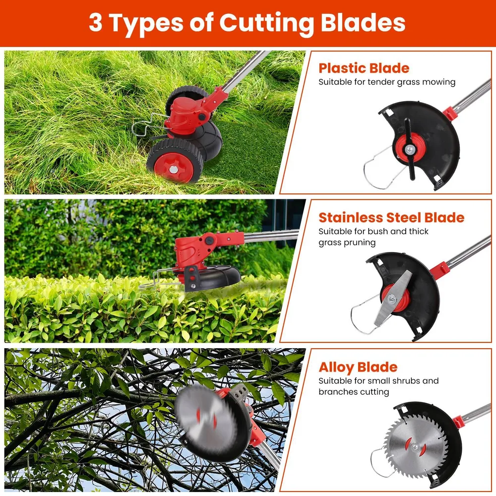 Image displaying three types of cutting blades for garden tools: plastic blade for tender grass, stainless steel blade for bush and thick grass pruning, and alloy blade for small shrubs and branches cutting.