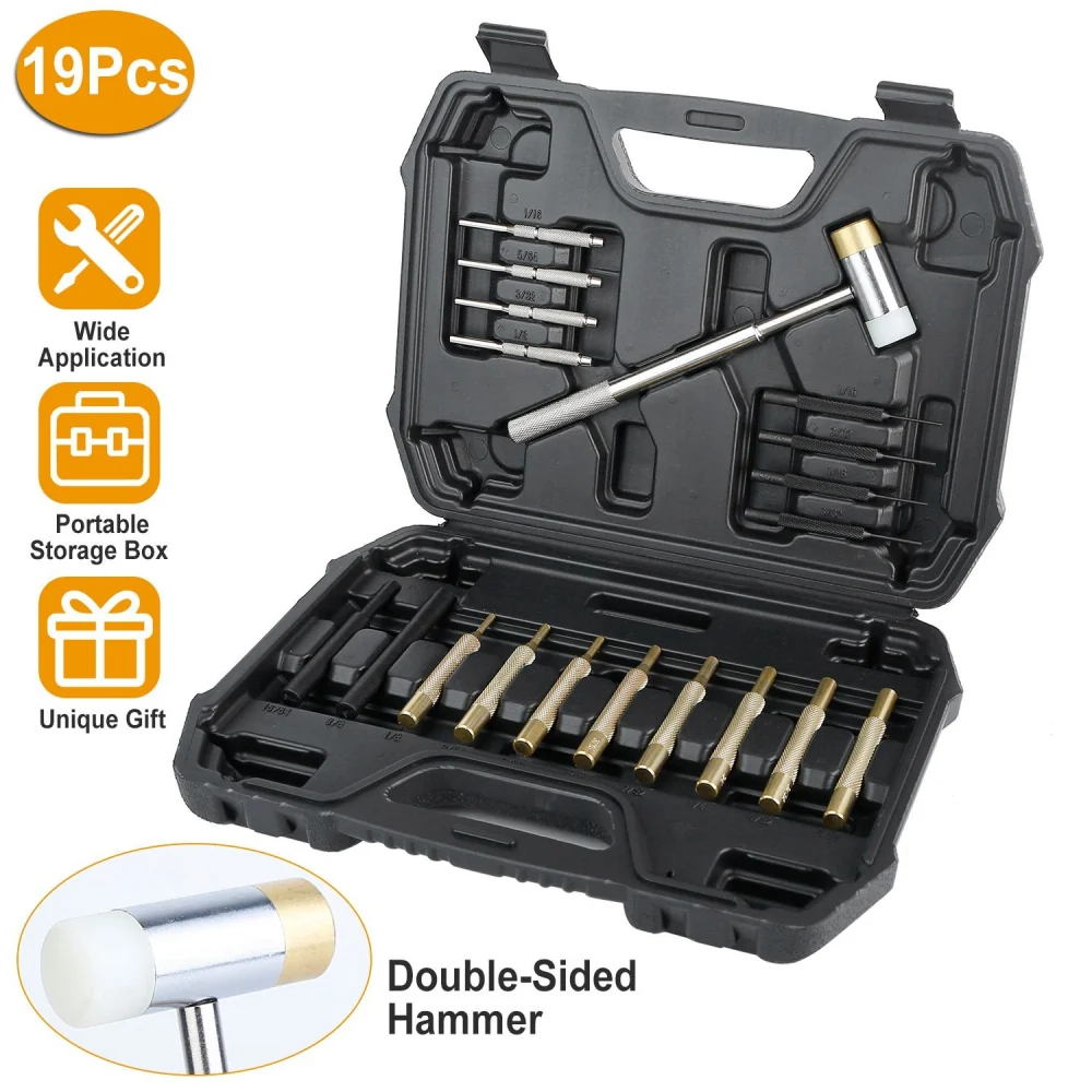 19-piece double-sided hammer and tool set in portable storage case, featuring various interchangeable attachments for versatile applications.