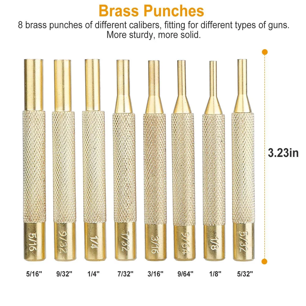 Set of 8 brass punches in various calibers, designed for gun maintenance, with textured grips and precise measurements displayed, each tool measuring 3.23 inches long.
