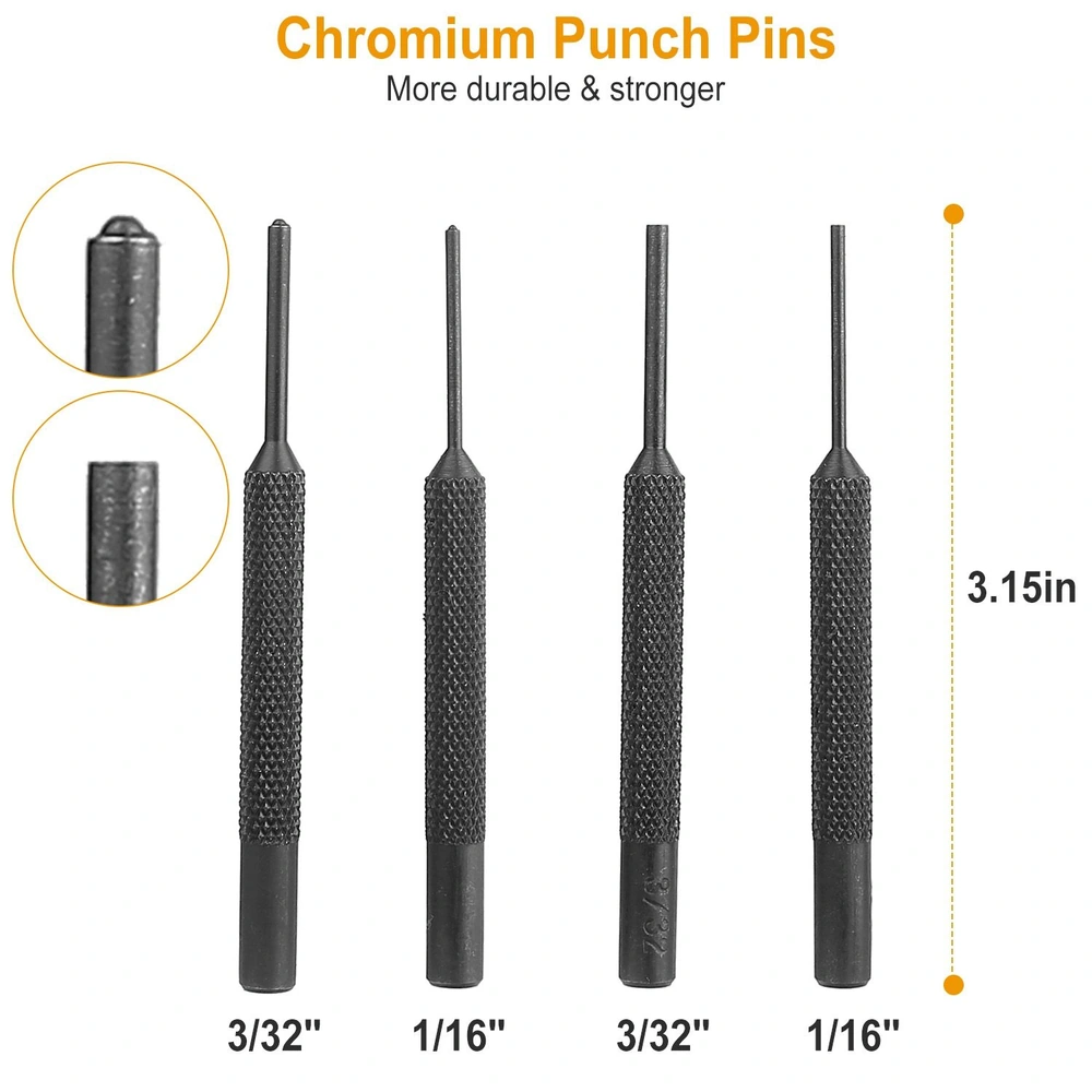 Set of four durable chromium punch pins, measuring 3.15 inches each, featuring textured grips and precision tips in sizes 3/32" and 1/16".