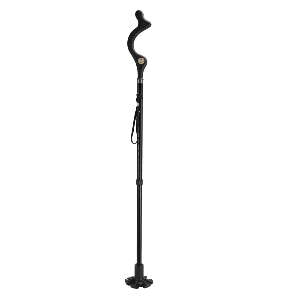 Adjustable black walking cane with a unique curved ergonomic handle, featuring a sturdy base for improved stability and a wrist strap for added security.