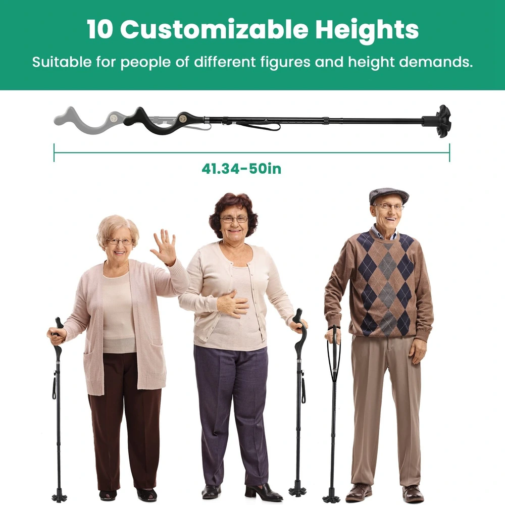 Adjustable walking cane with customizable heights ranging from 41.34 to 50 inches, displayed by three diverse senior users demonstrating ease of use and support for various heights.