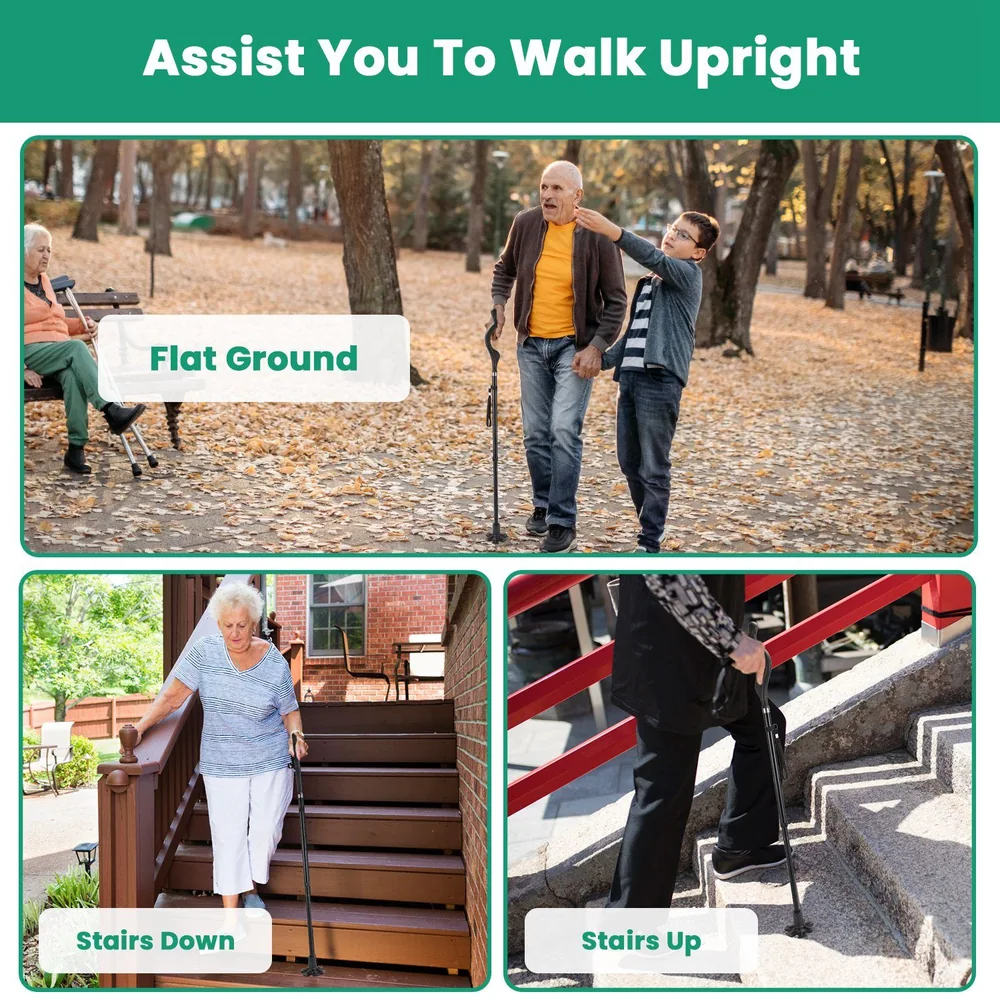 Image showcasing mobility assistance: an elderly man using a cane while walking on flat ground with a younger companion, an older woman descending stairs using a cane, and a person ascending stairs with a cane for support.