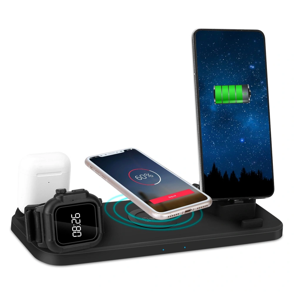 Multi-device wireless charging station for smartphone, smartwatch, and AirPods, featuring an LED battery indicator and a sleek black design.