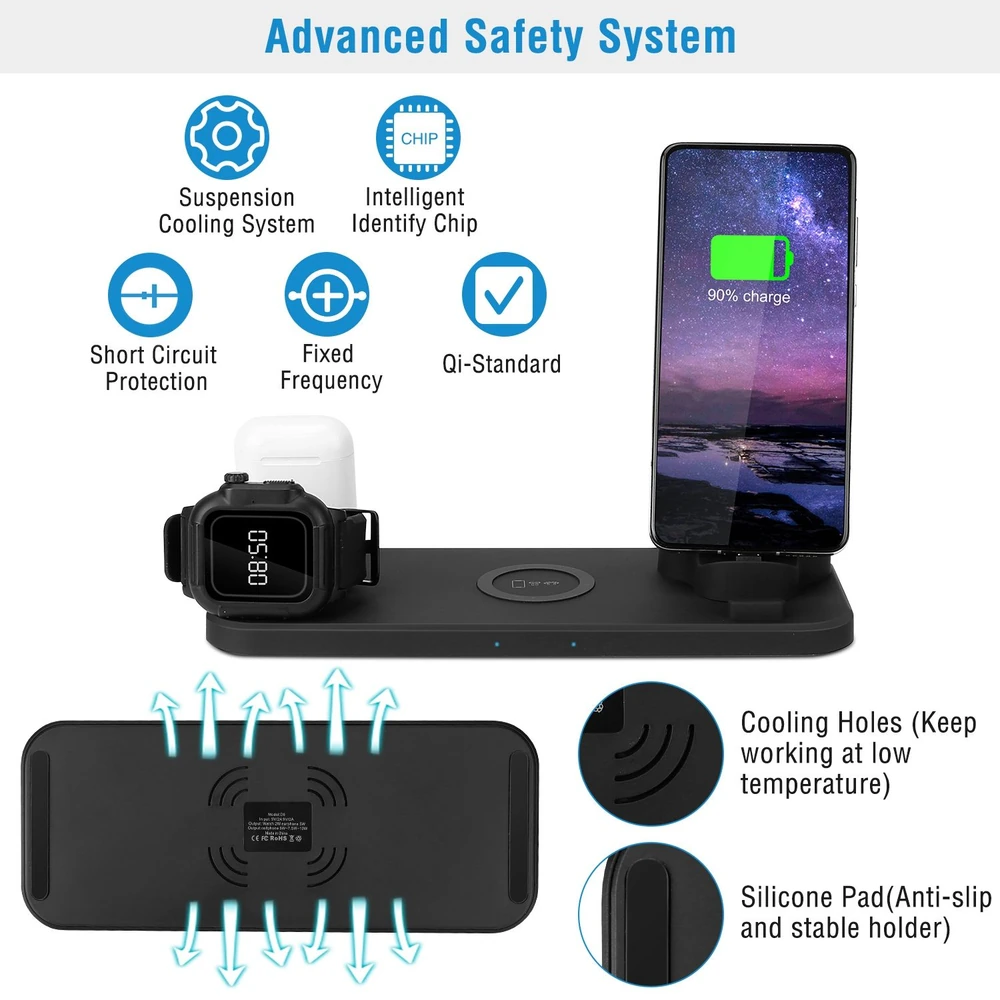 Wireless charging station with advanced safety features, including cooling system and short circuit protection, charging a smartphone and smartwatch.