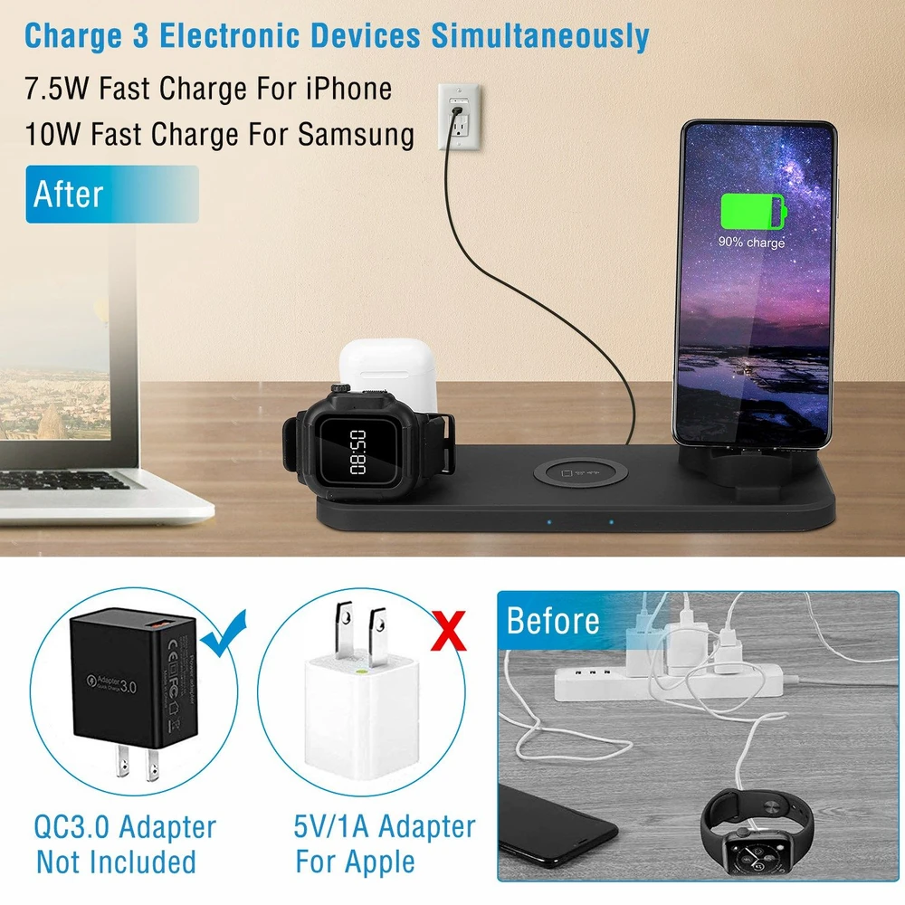 Wireless charging dock designed to charge three devices simultaneously, showcasing a smartphone, AirPods, and a smartwatch on a sleek, modern platform, with indicators for fast charging capabilities.