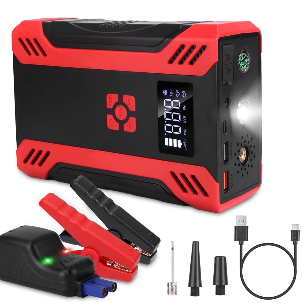 Compact automotive jump starter with digital display, USB ports, LED flashlight, and included accessories like jumper cables and nozzles, designed for easy tire inflation and emergency vehicle starts.