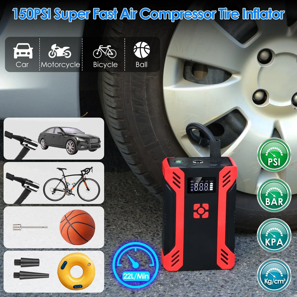 150PSI super fast air compressor tire inflator with digital display, designed for inflating car, motorcycle, bicycle tires, and sports balls, showcasing accessories and inflation speed of 22L/min.