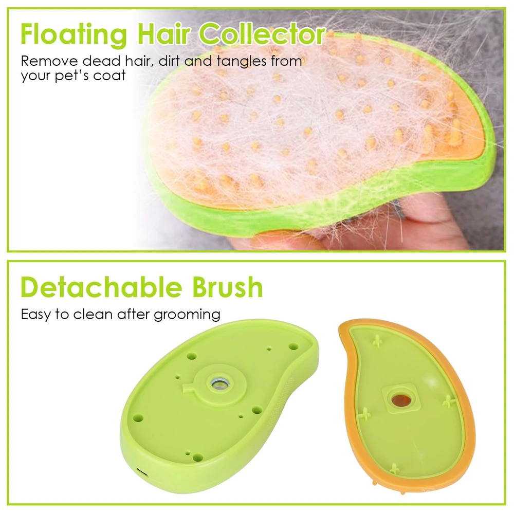 Pet grooming tool featuring a floating hair collector for removing dead hair and tangles, and a detachable brush for easy cleaning, ideal for maintaining your pet's coat.