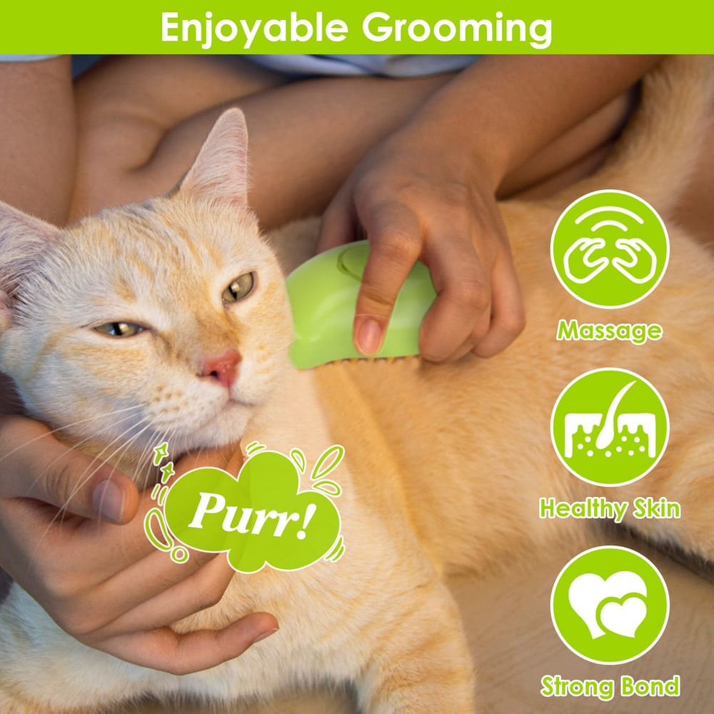 A person gently grooming a relaxed orange tabby cat with a green grooming tool, highlighting the massage benefits for healthy skin and a strong bond between pet and owner.