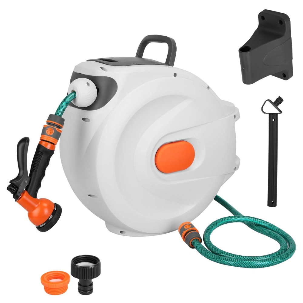 Retractable garden hose reel with 25-foot green hose, ergonomic spray nozzle, mounting bracket, and connectors for easy storage and use.
