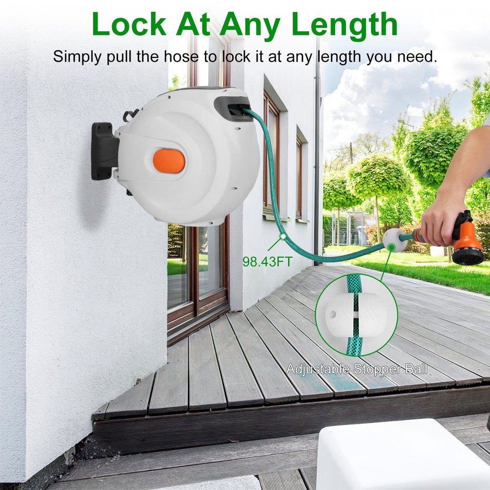 Wall-mounted retractable garden hose reel with adjustable locking feature, extending up to 98.43 feet, shown in a backyard setting.