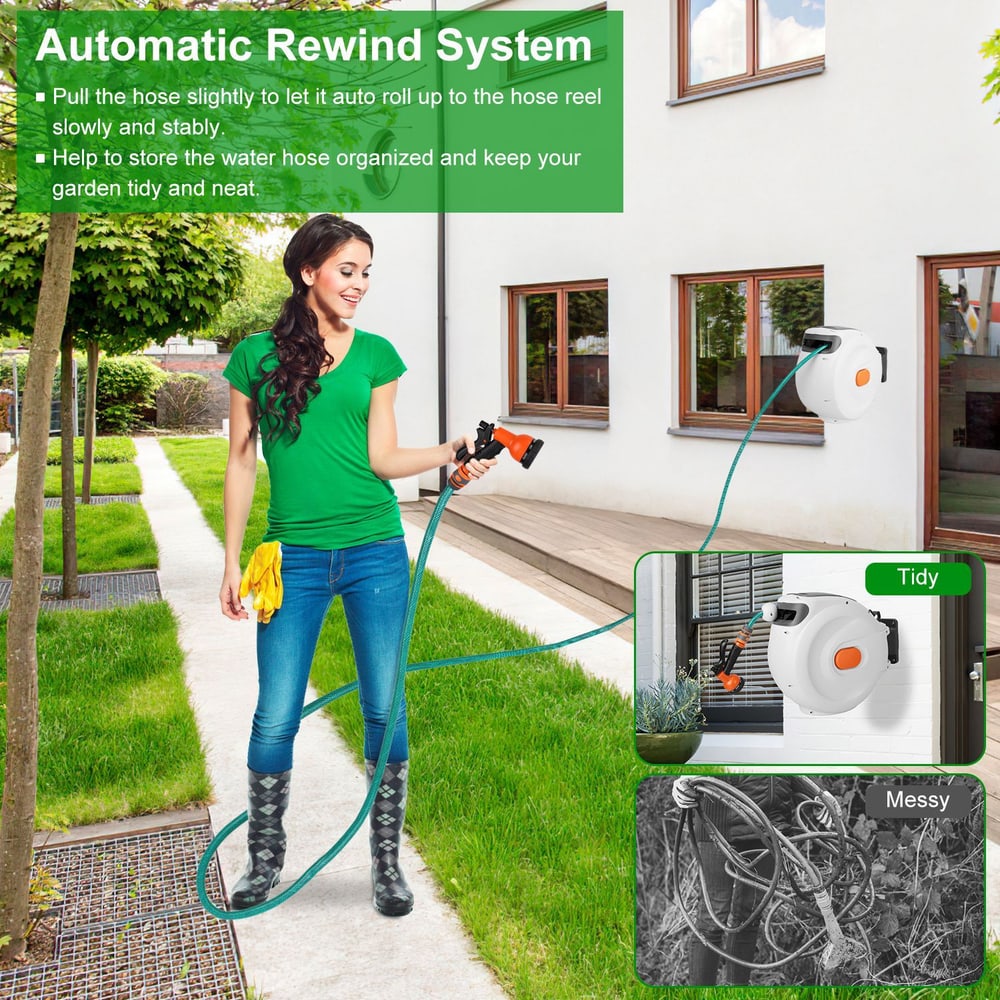 Woman using an automatic rewind garden hose system in a neatly landscaped yard, showcasing the convenient features for easy storage and organization of the hose, with a comparison of tidy versus messy hose storage.