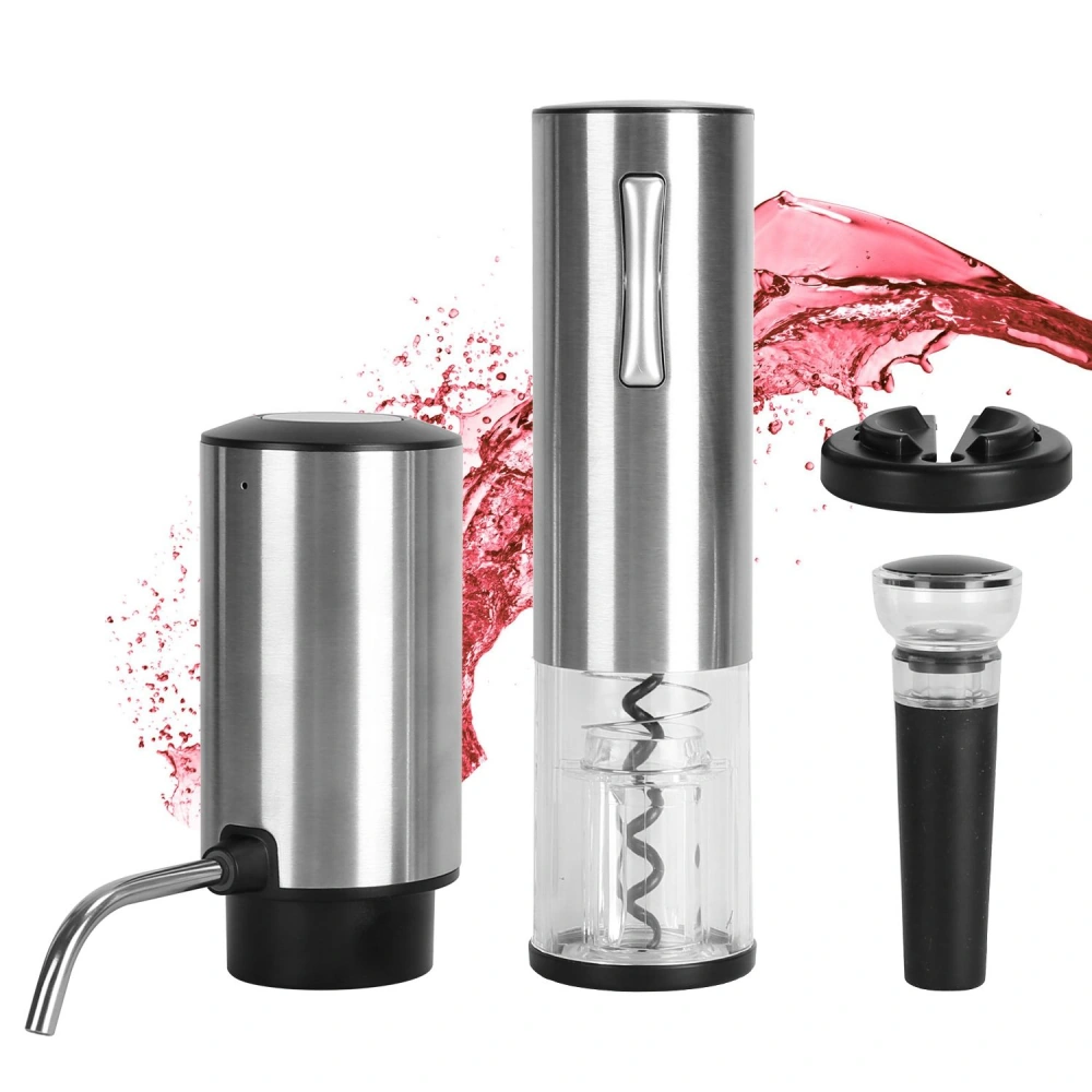 Stainless steel electric wine opener set with automatic corkscrew, aerator, and pour spout, surrounded by splashes of red wine.
