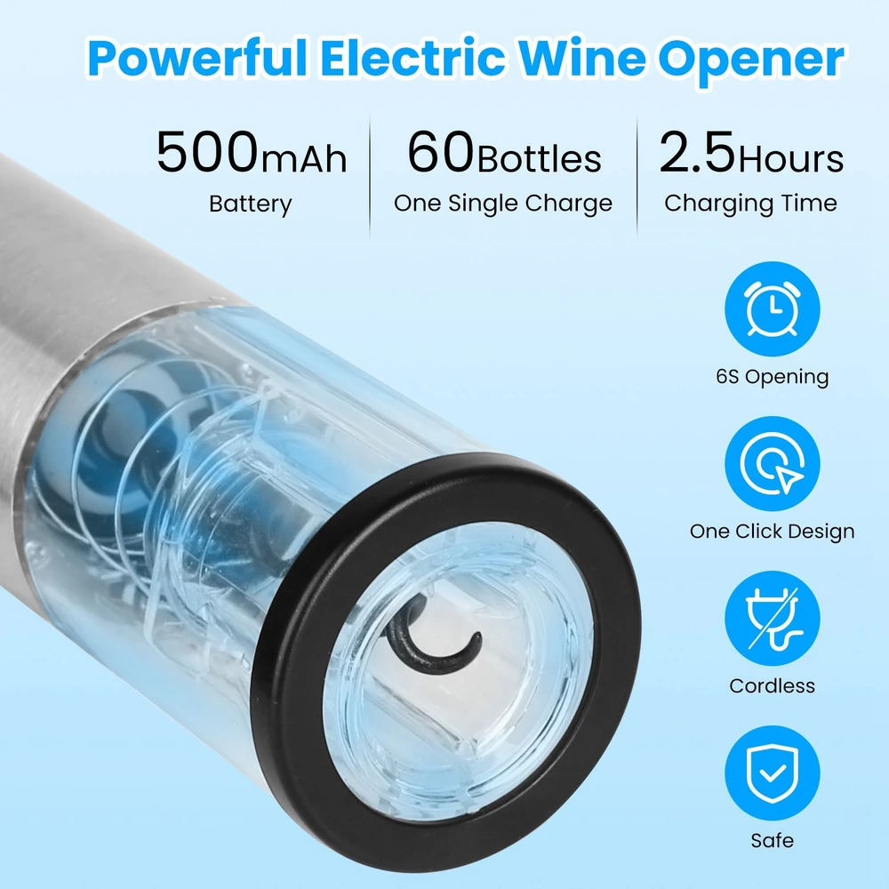 Powerful electric wine opener with a 500mAh battery, capable of opening up to 60 bottles on a single charge; features a sleek design, 6-second opening time, and one-click operation.