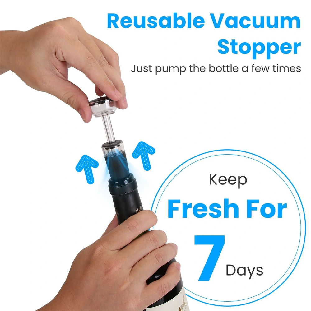 Hand holding a reusable vacuum stopper while sealing a wine bottle, featuring text emphasizing its ability to keep wine fresh for seven days.