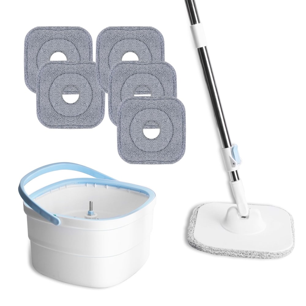 Microfiber mop set with five replacement pads, a mop handle, and a bucket for easy floor cleaning and maintenance.