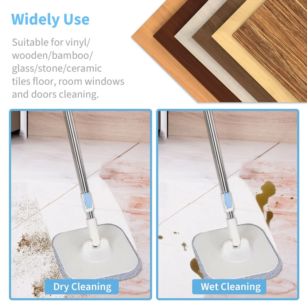 Image showcasing a versatile cleaning tool in use, highlighting both dry and wet cleaning on various floor surfaces including vinyl, wood, and tiles.