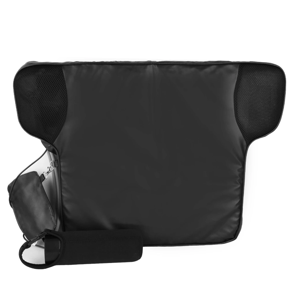 Black ergonomic chair back support cushion with mesh side panels and adjustable strap.