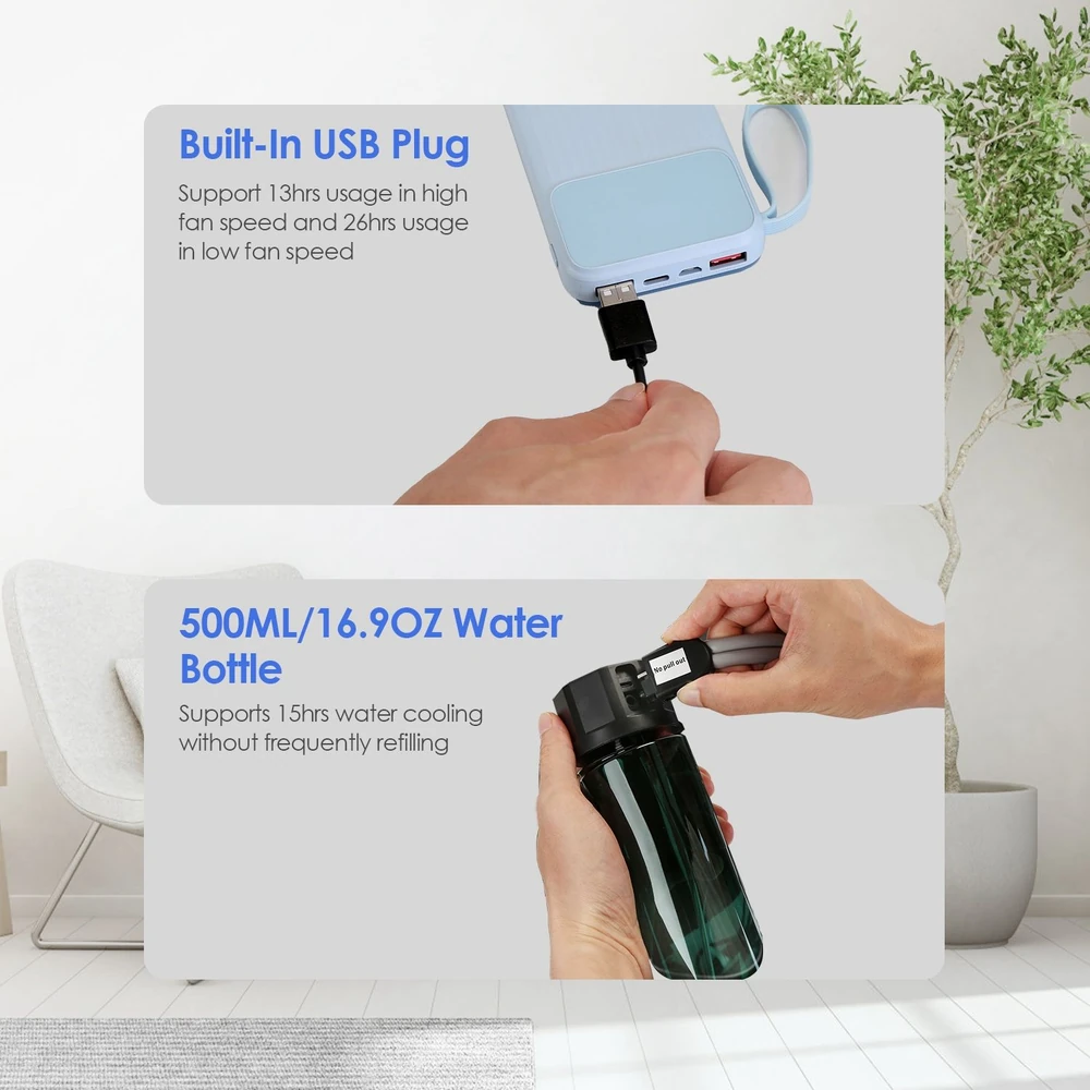 USB plug connected to a portable fan and a hand holding a transparent 500ML water bottle, showcasing features that support long-lasting cooling performance.