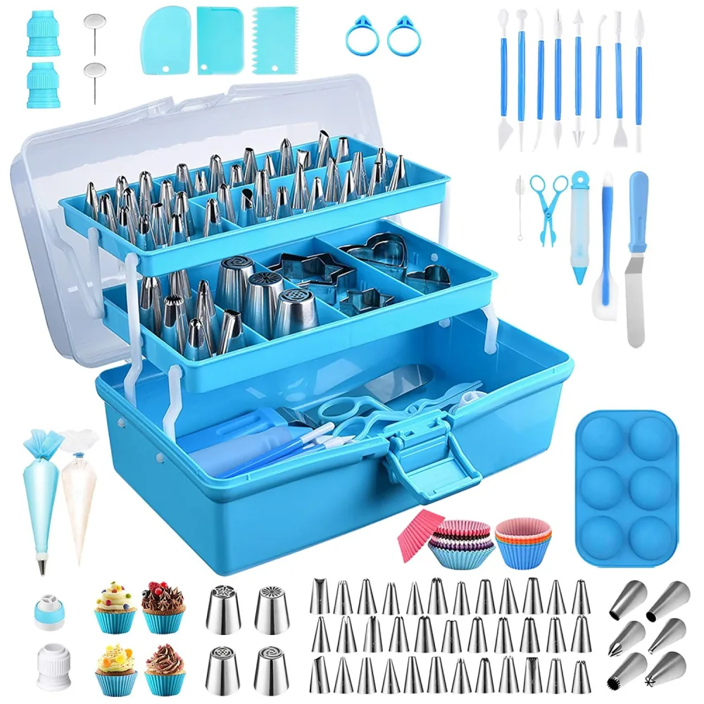 Baking tool set in a blue storage box featuring various metal piping tips, cake decoration tools, silicone cupcake molds, and accessories for decorating pastries and desserts.
