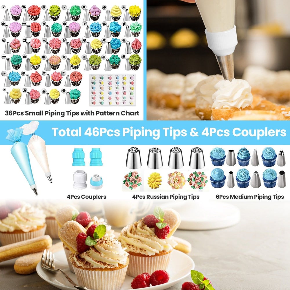 46-piece decorating set featuring 36 small piping tips, 4 Russian tips, 4 couplers, and a pattern chart, perfect for creating beautiful whipped cream and icing designs on cupcakes and desserts.