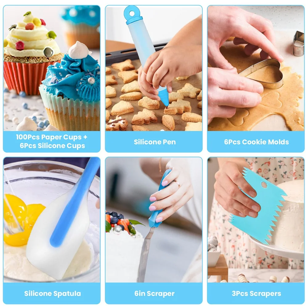 A collection of baking tools including 100 paper cups, 6 silicone cups, a silicone pen, 6 cookie molds, a silicone spatula, a 6-inch scraper, and 3 assorted scrapers, displayed in a colorful and organized layout.