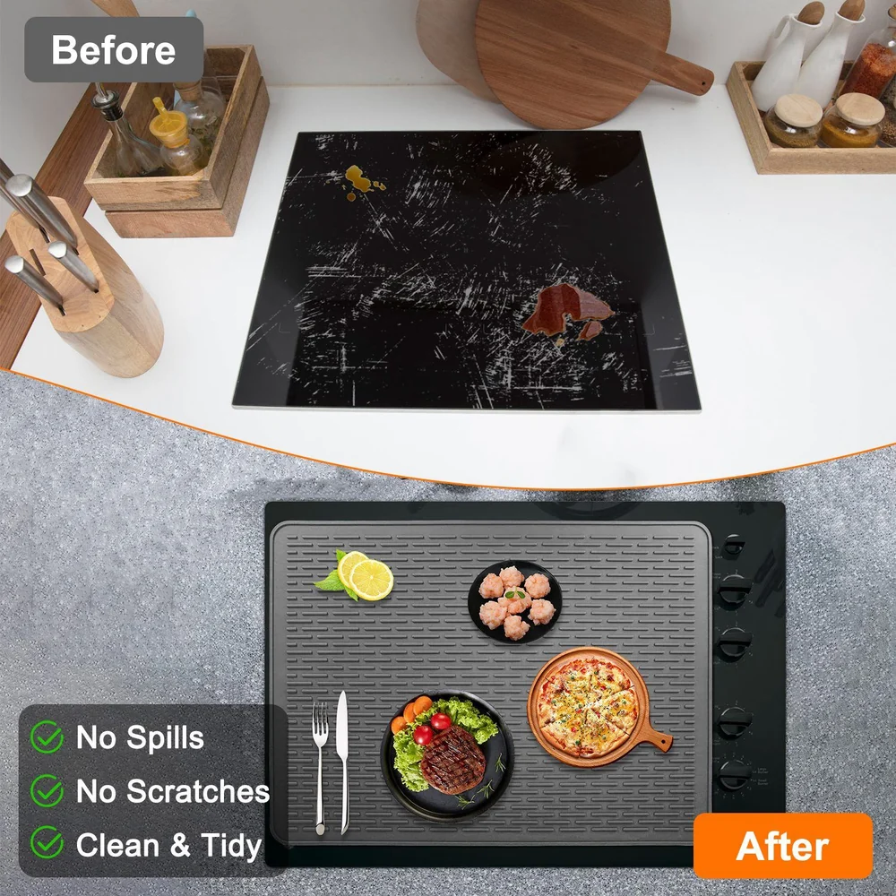 Image comparison of a kitchen countertop showing a dirty surface labeled "Before" on top, and a clean, organized cooking mat with a meal presentation labeled "After" on the bottom, highlighting features like no spills, no scratches, and a tidy appearance.