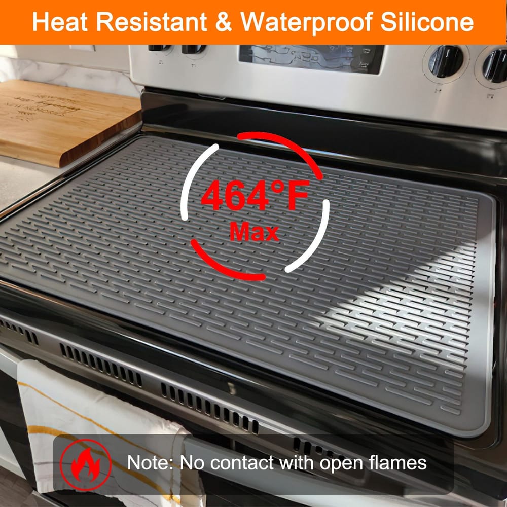 Heat-resistant and waterproof silicone baking mat on an oven, with a maximum temperature of 464°F, showcasing a textured surface for better food release and safety note against open flames.
