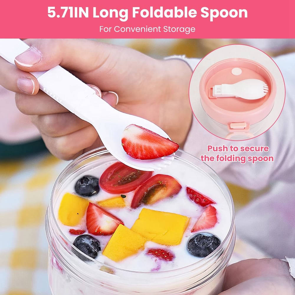 5.71-inch long foldable spoon being used to scoop fruit from a bowl; compact design for easy storage with a secure locking mechanism.