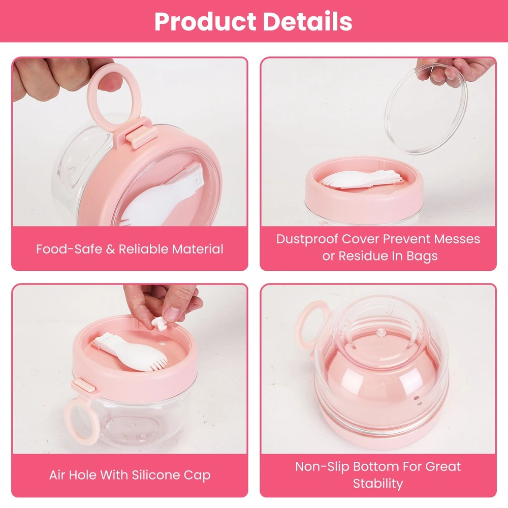 Product image showcasing a transparent food storage container with a pink lid, highlighting features like a dustproof cover, air hole with silicone cap, non-slip bottom, and food-safe materials for reliable use.