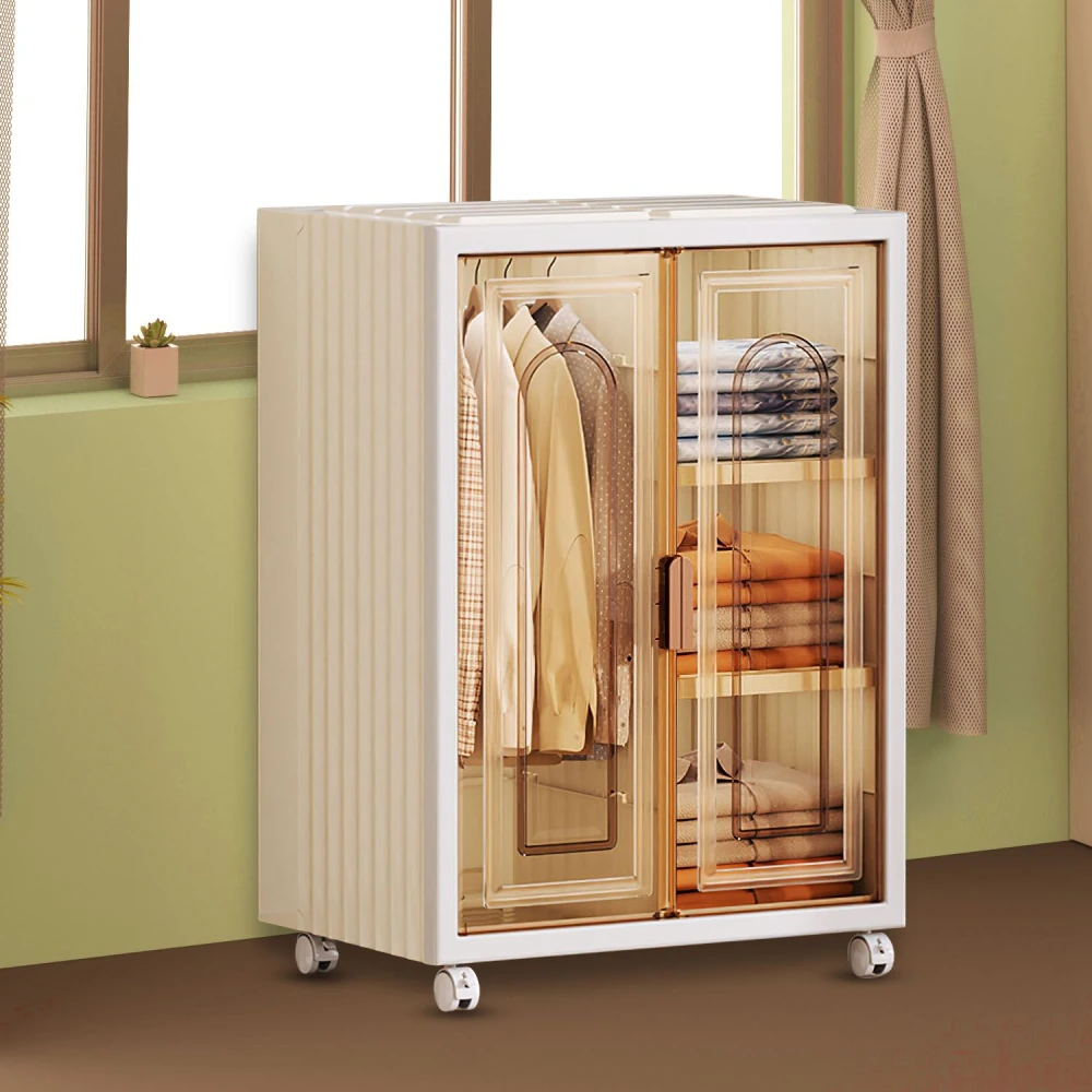 Stylish white wardrobe with transparent doors showcasing neatly organized clothes and linens, positioned next to a window in a modern, minimalist room.