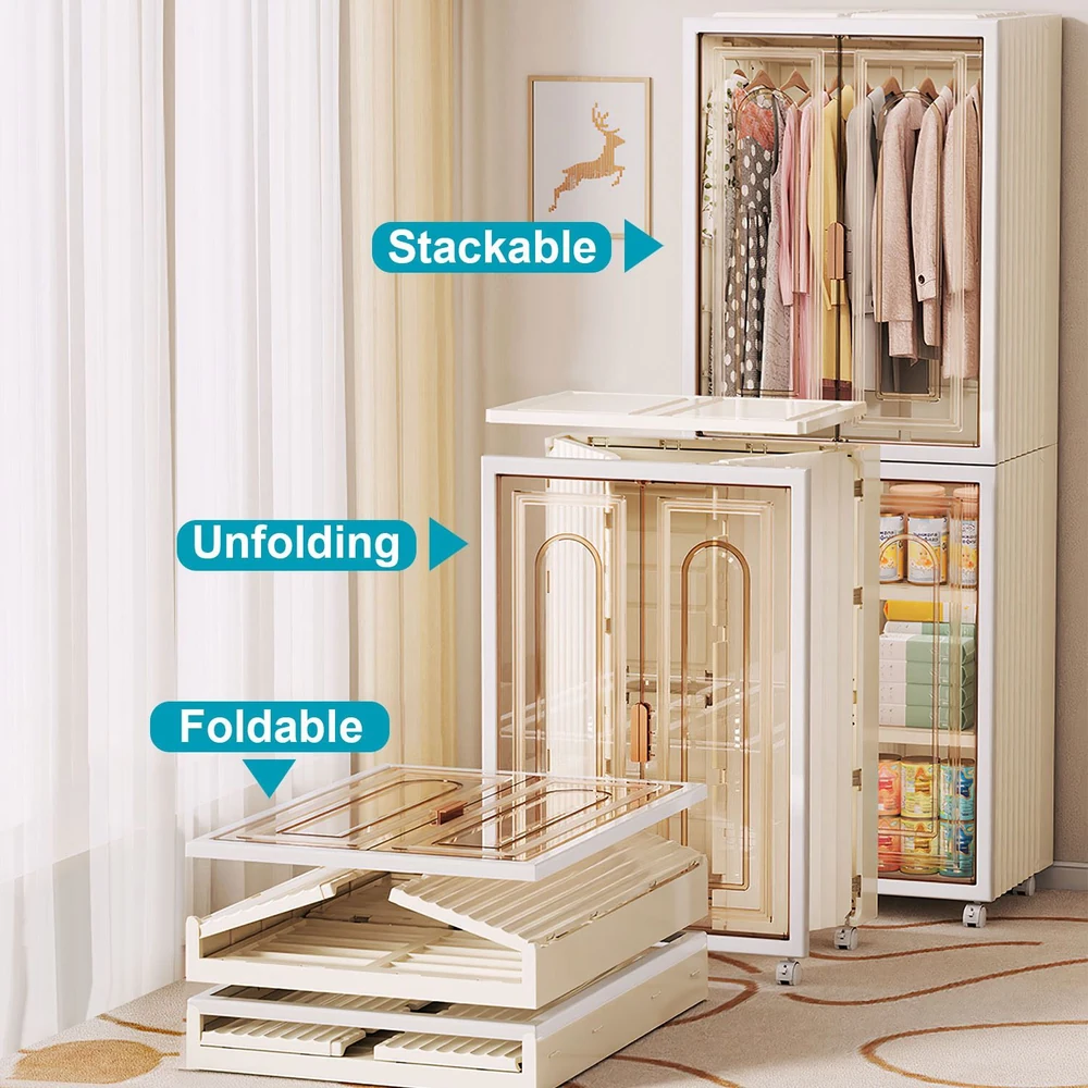 "Modern stackable and foldable storage cabinet with transparent doors, showcasing hanging clothes and neatly arranged items, designed for maximizing space and functionality in home environments."