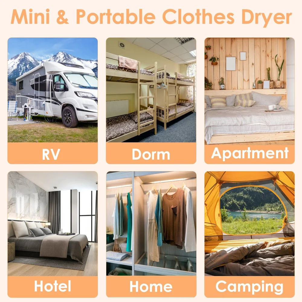 Mini and portable clothes dryer showcased in various settings: RV, dormitory, apartment, hotel, home closet, and camping tent, highlighting its versatility for travel and everyday use.